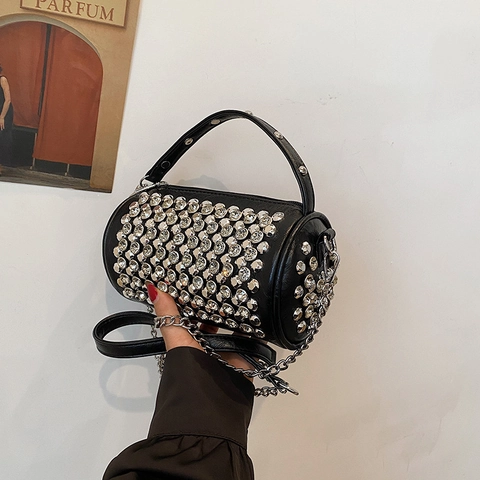 Rhinestone Cylinder Barrel Bag Pu Leather Sparkling Party Evening Handbag With Chain Strap For Women