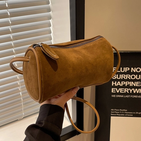 Vintage Frosted PU Leather Cylindrical Boston Crossbody Bag For Women Minimalist Solid Color Small Barrel Shoulder Bag