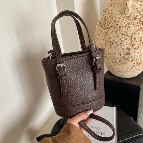 Mini Sac Seau Femme PU Motif Litchi Bandoulière Amovible Sac À Main Rétro Sac Bandoulière Street Commuter Chic