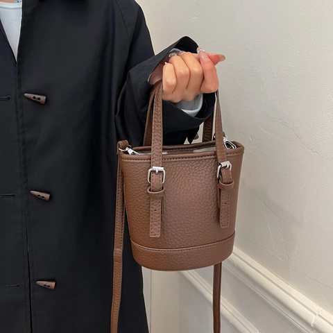 Mini Sac Seau Femme PU Motif Litchi Bandoulière Amovible Sac À Main Rétro Sac Bandoulière Street Commuter Chic