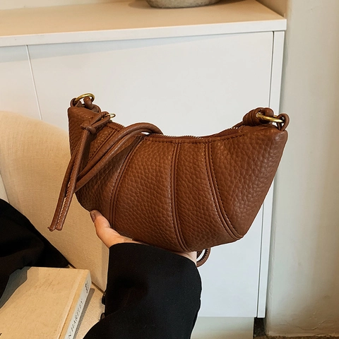 Sac Bandoulière Femme Motif Lychee Simili Cuir Croissant Forme Demi-Lune Sangle Nouée Rétro Sac À Main Minimaliste