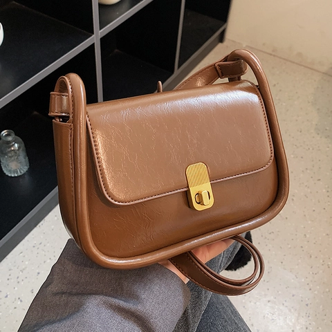 Bolso De Hombro Para Mujer Cuero PU Vintage Cuadrado Bandolera Bolso De Mano Cierre Dorado Minimalista Color Sólido