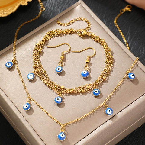 Evil Eye Schmuckset Edelstahl Halskette Ohrringe Armband Türkischer Nazar Schutz Retro Boho Für Damen