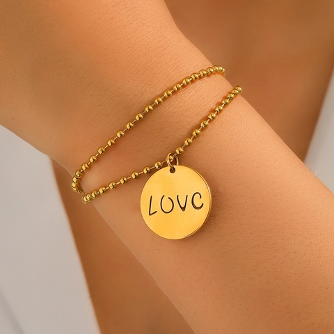 Double Layer Ball Chain Bracelet Stainless Steel Round Mirror Pendant LOVE Engraved Adjustable Fashion Jewelry Women