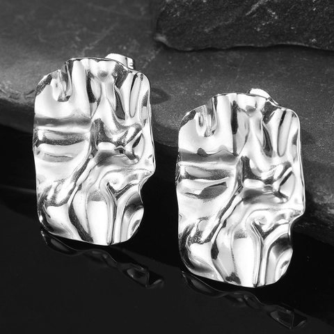 Hammered Wrinkled Stud Earrings Stainless Steel With Titanium Steel Earring Post Irregular Geometric Square Jewelry