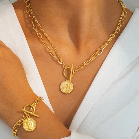 Vintage Stainless Steel Necklace Bracelet Jewelry Set Double Layered Chain Toggle Clasp Round Coin Pendant Hip Hop Style