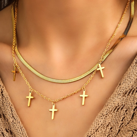 Collar De Doble Capa De Acero Inoxidable Con Colgantes De Cruz Cadena De Serpiente Plana Joyería De Moda Minimalista Y Moderna