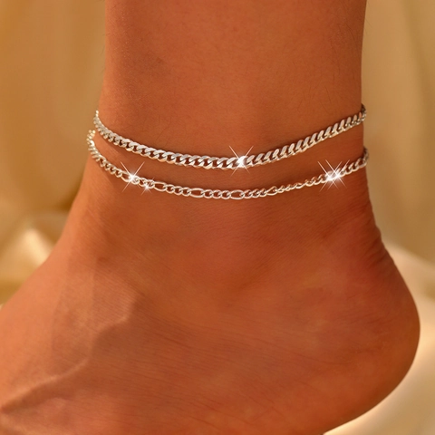 Bracelets De Cheville Double Couche En Acier Inoxydable Chaîne Figaro Curb Style Bohème Minimaliste Bijoux De Pied