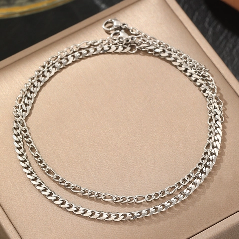 Bracelets De Cheville Double Couche En Acier Inoxydable Chaîne Figaro Curb Style Bohème Minimaliste Bijoux De Pied