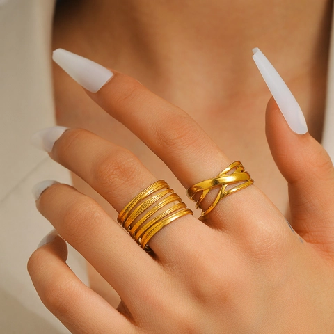 Minimalist Stainless Steel Multi Layer Cross Wrap Open Adjustable Geometric Finger Rings For Women Men Fashion Jewelry