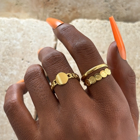 Vintage Double Layer Open Ring And Round Plate Chain Ring Women Stainless Steel Hollow Geometric Circle Adjustable