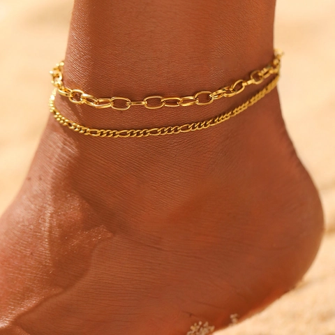 Bracelet De Cheville Multi-Rangs En Acier Inoxydable Rétro Chaîne Trombones Et Maillons Plats Bijoux Plage