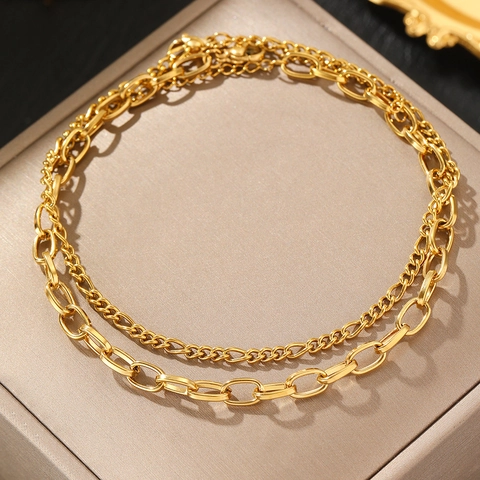 Bracelet De Cheville Multi-Rangs En Acier Inoxydable Rétro Chaîne Trombones Et Maillons Plats Bijoux Plage