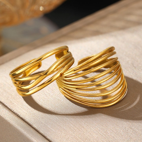 Stainless Steel Multi Layer Line Open Ring Geometric Minimalist Adjustable Fashion Jewelry Unisex