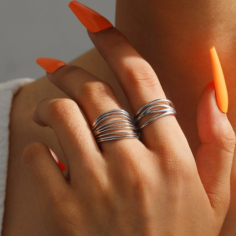 Stainless Steel Multi Layer Line Open Ring Geometric Minimalist Adjustable Fashion Jewelry Unisex