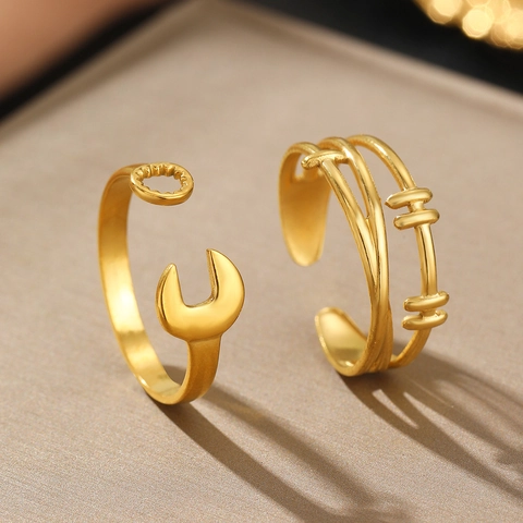 Stainless Steel Adjustable Open Rings For Women Wrench Shape Industrial Style Layered Cross Design Creative Jewelry