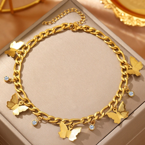 Stainless Steel Butterfly Anklet For Women With Zirconia Charms Adjustable Figaro Chain Summer Beach Foot Jewelry