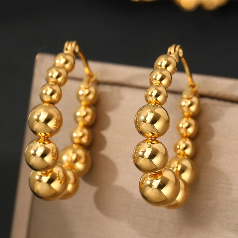 Orecchini A Cerchio Con Perline In Acciaio Inossidabile Da Donna Placcati Oro 18K Gradiente Sfera Gioielli Minimalisti