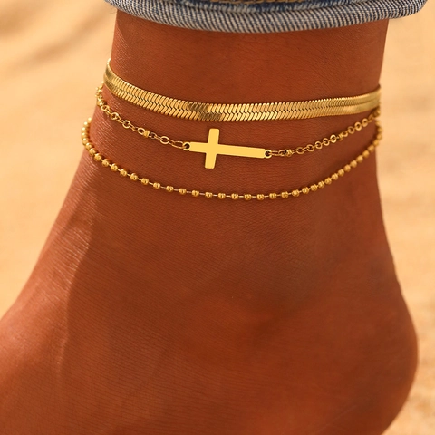 Lagenfußkettchen Edelstahl Mehrlagige Schlangenkette Horizontaler Kreuzanhänger Perlenfußkette Strand Schmuck Für Frauen