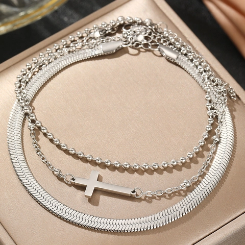 Lagenfußkettchen Edelstahl Mehrlagige Schlangenkette Horizontaler Kreuzanhänger Perlenfußkette Strand Schmuck Für Frauen