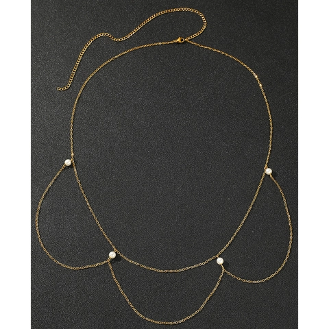 Waist Chain Body Jewelry Stainless Steel Multi-Layer With Imitation Artificial Pearls Retro Elegant Wave Design For Women