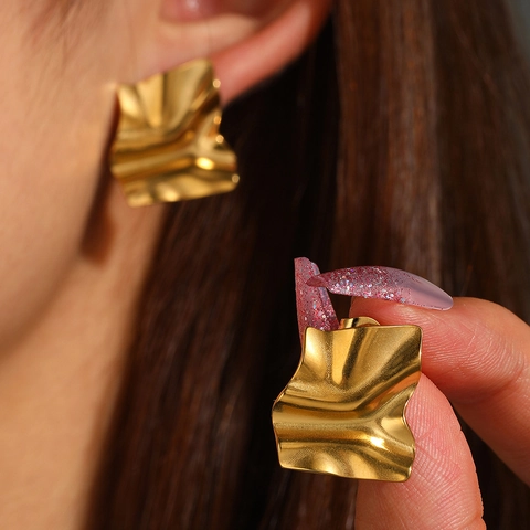 Irregular Fold Earrings Stainless Steel Wavy Geometric Square Stud Jewelry Women Fashion Versatile Modern