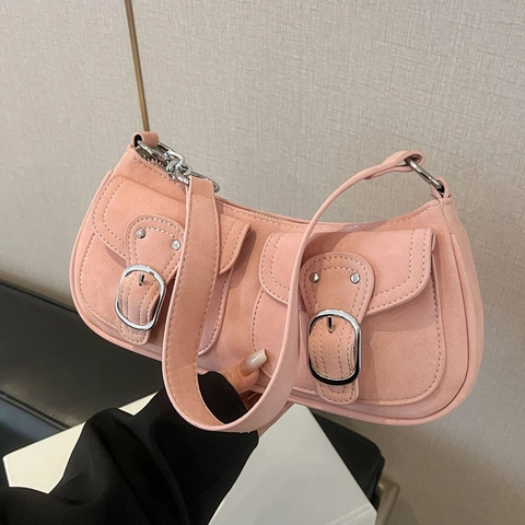 Retro Multi Pocket PU Leather Underarm Bag For Women Vintage Suede Look Shoulder Bag With Silver Buckles Solid Color Daily Purse