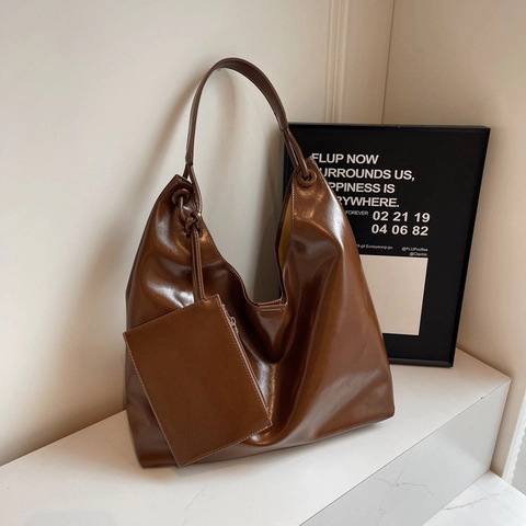 Damen Vintage Glänzend PU-Leder Große Kapazität Hobo Tasche Mode Pendler Schulter Tragetasche Mit Mini-Tasche