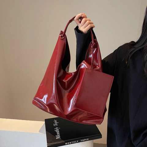 Damen Vintage Glänzend PU-Leder Große Kapazität Hobo Tasche Mode Pendler Schulter Tragetasche Mit Mini-Tasche