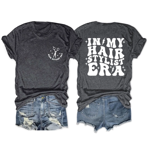 T-Shirt Pour Femmes Hair Stylist Era Mélange De Coton Col Rond Manches Courtes Décontracté Imprimé Top