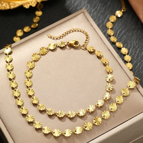 Parure De Bijoux Collier Et Bracelet En Acier Inoxydable Texture Rayon De Soleil Charmes Disques Ronds Mode Minimaliste Pour Femmes Hommes Ajustable