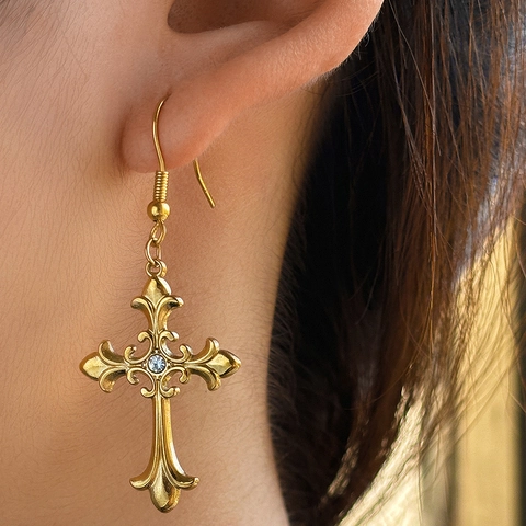 Gothic Cross Dangle Earrings Stainless Steel Vintage Fleur-de-lis Retro Rhinestone Ear Hook Jewelry For Women