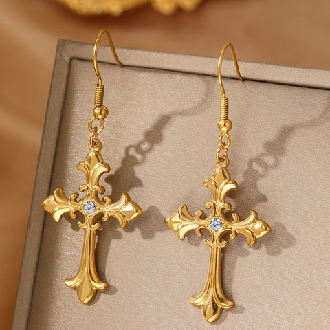 Gothic Cross Dangle Earrings Stainless Steel Vintage Fleur-de-lis Retro Rhinestone Ear Hook Jewelry For Women