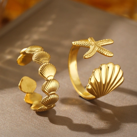 Stainless Steel Adjustable Rings Seashell Starfish Ocean Theme Beach Vacation Style For Women