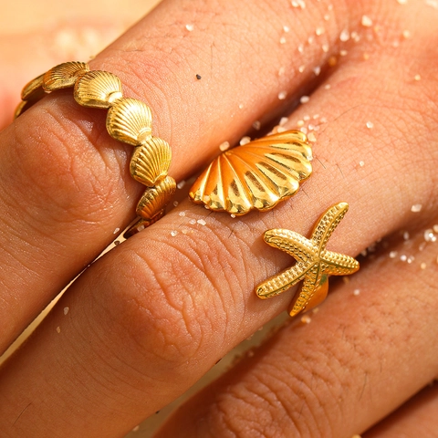 Stainless Steel Adjustable Rings Seashell Starfish Ocean Theme Beach Vacation Style For Women