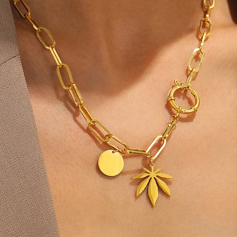 Stainless Steel Necklace With Leaf And Round Disc Pendant Paperclip Chain OT Buckle Fashion Jewelry For Women