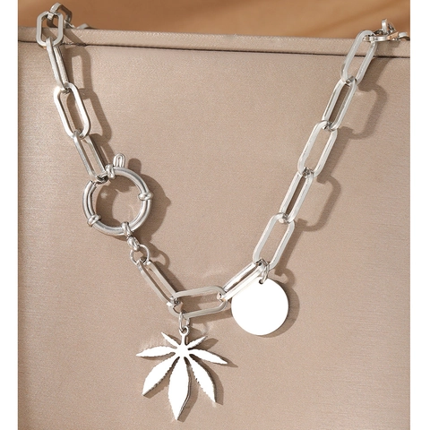 Stainless Steel Necklace With Leaf And Round Disc Pendant Paperclip Chain OT Buckle Fashion Jewelry For Women
