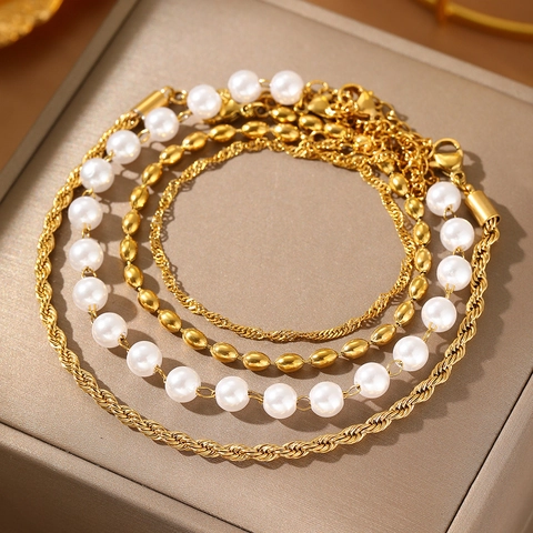 Stainless Steel Imitation Artificial Pearl Layered Bracelet Set Retro Geometric Braided Chain Beaded Fashion Jewelry For Women