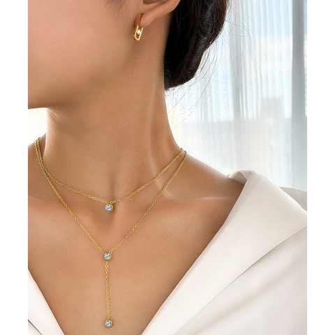 Stainless Steel Necklace And Earrings Double Layer Y-Shape Round Cubic Zirconia Geometric For Women