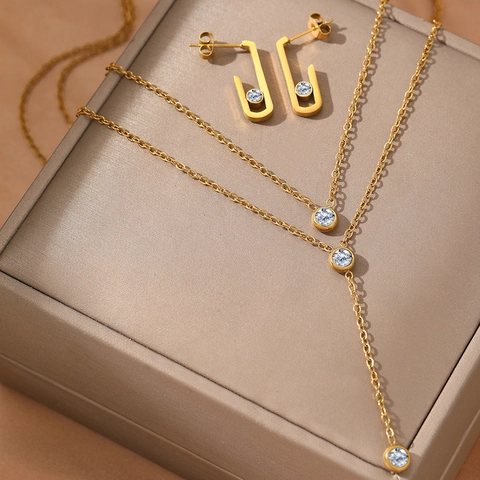 Stainless Steel Necklace And Earrings Double Layer Y-Shape Round Cubic Zirconia Geometric For Women