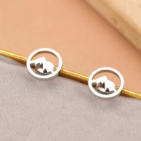Stainless Steel Mountain Peak Stud Earrings Geometric Hollow Round Nature Jewelry For Women Men Daily Hiking Travel Gift
