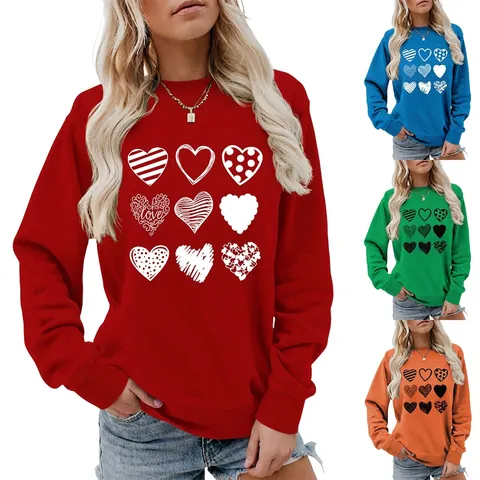 Felpa Donna Girocollo Misto Cotone Manica Lunga Stampa Cuore Amore Top Pullover Casual Moda