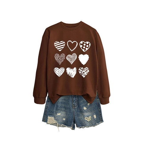 Felpa Donna Girocollo Misto Cotone Manica Lunga Stampa Cuore Amore Top Pullover Casual Moda