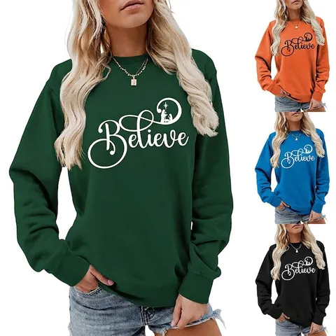 Felpa da Donna Believe Natività Natale Manica Lunga Girocollo Misto Cotone Pullover Casual Vacanze Top Grafico