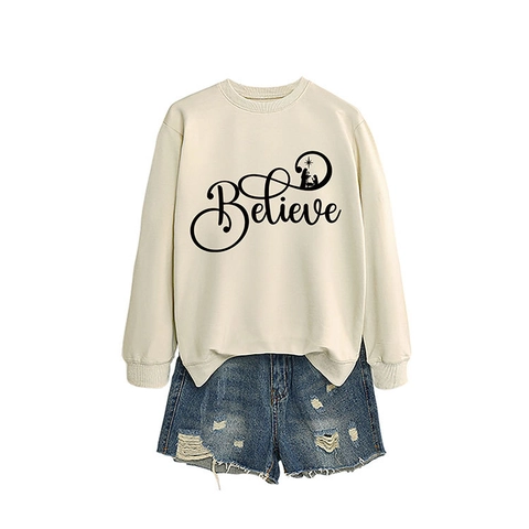 Felpa da Donna Believe Natività Natale Manica Lunga Girocollo Misto Cotone Pullover Casual Vacanze Top Grafico
