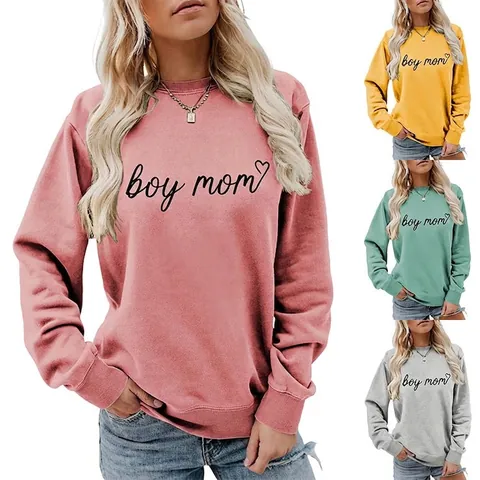 Damen Boy Mom Herz Print Sweatshirt Casual Rundhals Langarm Pullover Locker Passform Herbst Winter Fleece Top