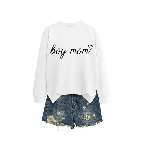 Damen Boy Mom Herz Print Sweatshirt Casual Rundhals Langarm Pullover Locker Passform Herbst Winter Fleece Top