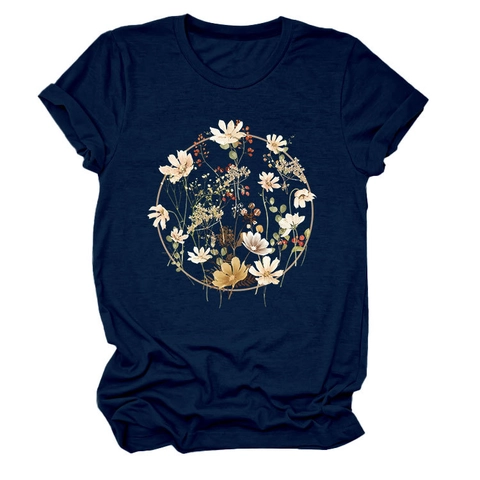 Damen Casual Baumwollmischung T-Shirt Rundhals Kurzarm Top Mit Blumenkranz Druck Vintage Pendelstil Sommer Tee