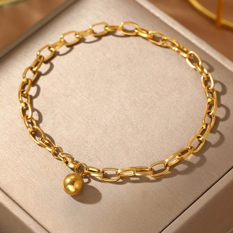 Pulsera De Cadena De Acero Inoxidable Minimalista Con Colgante De Bola Eslabón Ovalado Geométrico Pulido Joyería Ajustable