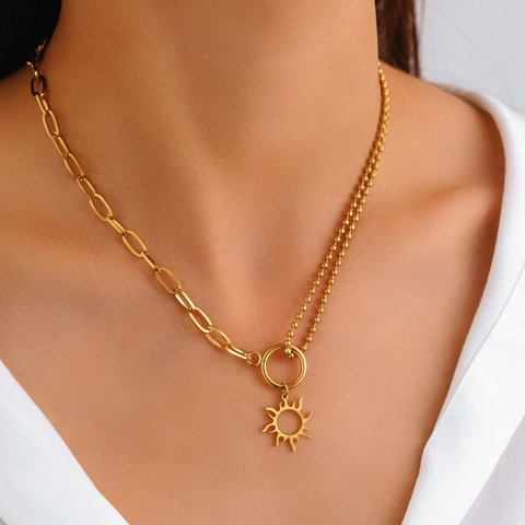 Stainless Steel Sun Totem Pendant Necklace 18K Gold Silver Plated Asymmetric Spliced Paperclip Ball Chain Women Jewelry